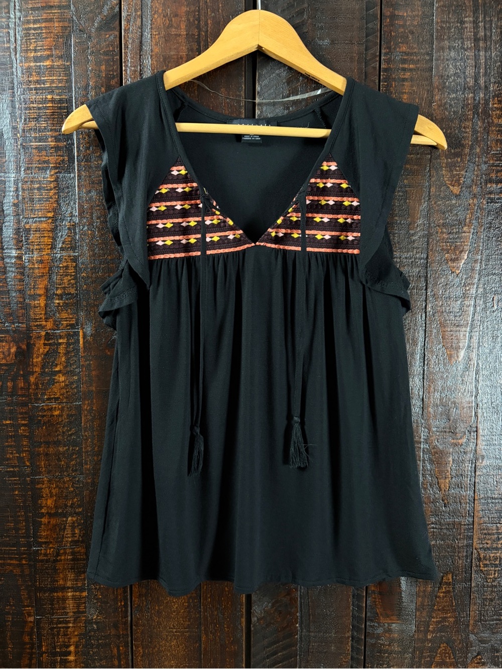 Sanctuary Black V-Neck Boho Top with Embroidery